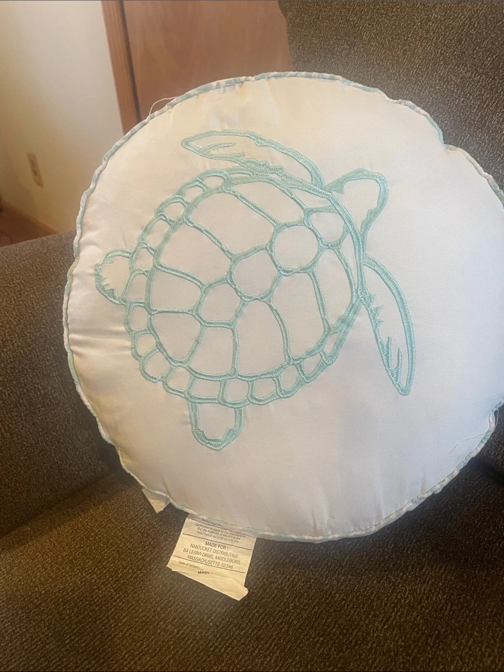 Lilly Pulitzer Round White Pillow with Light Aqua Sea Turtle Embroidery